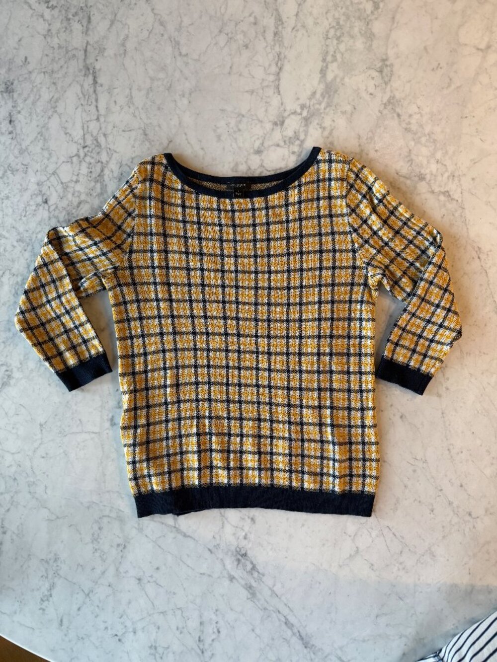 Ann Taylor Factory Plaid Crewneck Sweater | Mustard Navy Cream | Size L